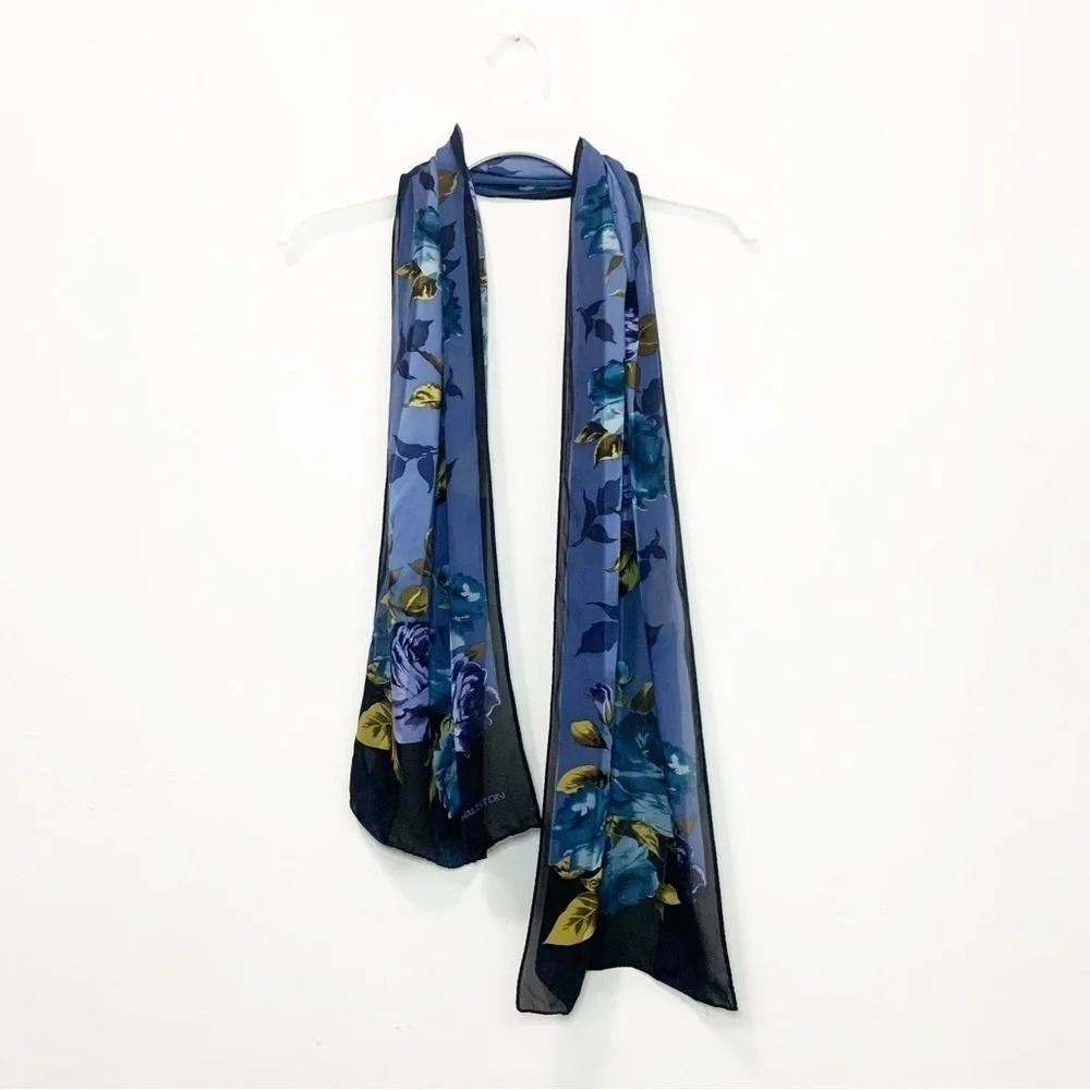 Vintage Halston Red 100% Silk Blue/Green Floral Rose Bandana Scarf Made in Korea